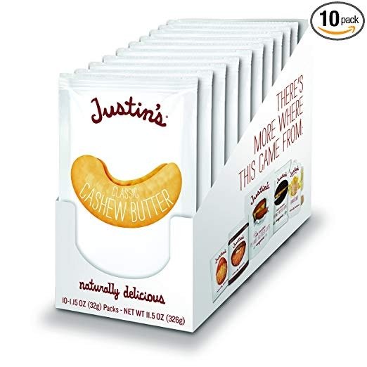 Justin's Classic Cashew Butter Squeeze Packs, Only Two Ingredients, Gluten-free, Non-GMO, Responsibly Sourced, 1.15 Oz, Pack of 10