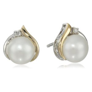 Sterling Silver and 14k Yellow Gold Freshwater Cultured Pearl (7 mm) with Diamond Accents Stud Earrings