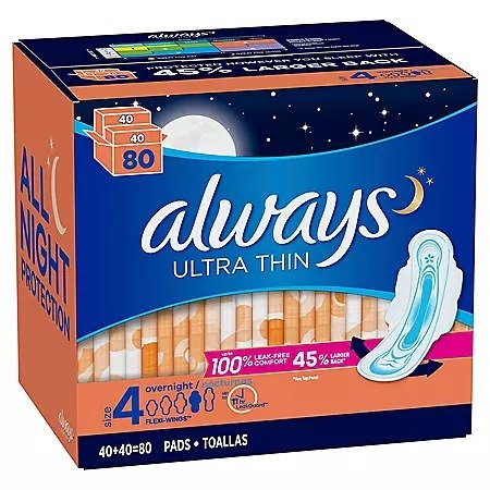 Always Ultra Thin Size 4 Overnight Pads With Wings, Unscented (80 ct.) - Sam's Club