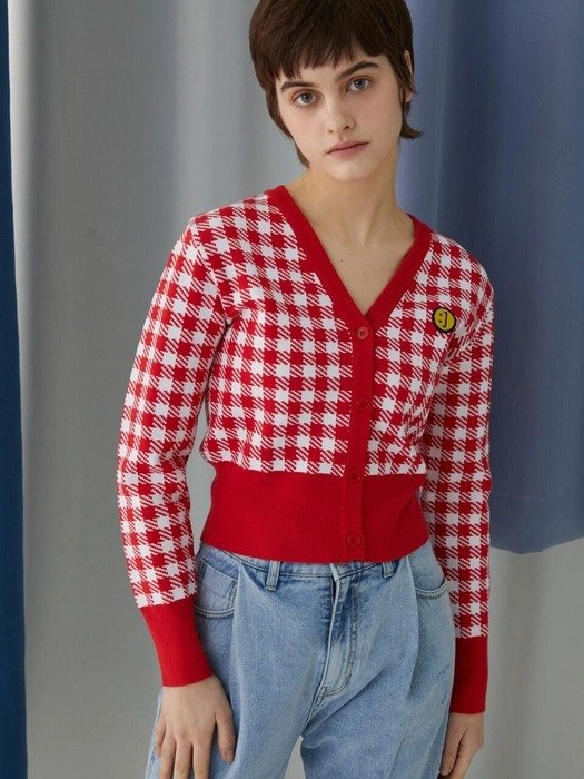 SM:]E Patch Female Crop Cardigan Red Check