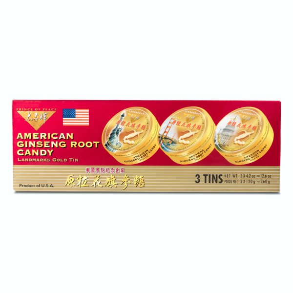Prince of Peace American Ginseng Root Candy Gift Pack, 3x120g US Landmark Tins