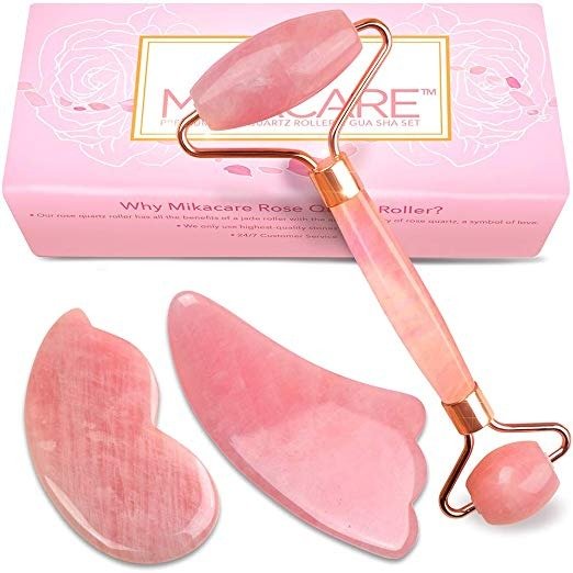 Jade Roller - Rose Quartz Roller and Gua Sha set - Anti Aging Facial Roller - Face Massager - Real Rose Quartz Scraping Tool for Slimming, Firming, Removes Wrinkles