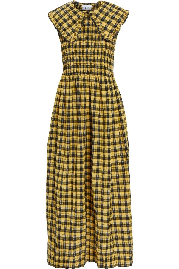 Shirred ruffle-trimmed checked cotton-blend midi dress