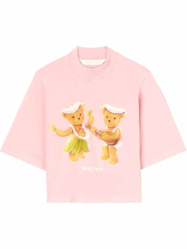Cotton cropped bear print t-shirt