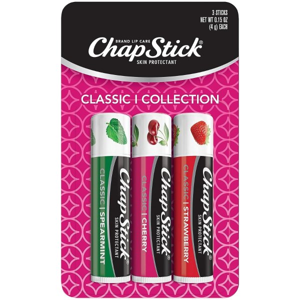 Classic Spearmint, Cherry and Strawberry Lip Balm Tubes Variety Pack Non-tinted, Cherry/Strawberry/Spearmint, 0.15 Ounce (Pack of 3)