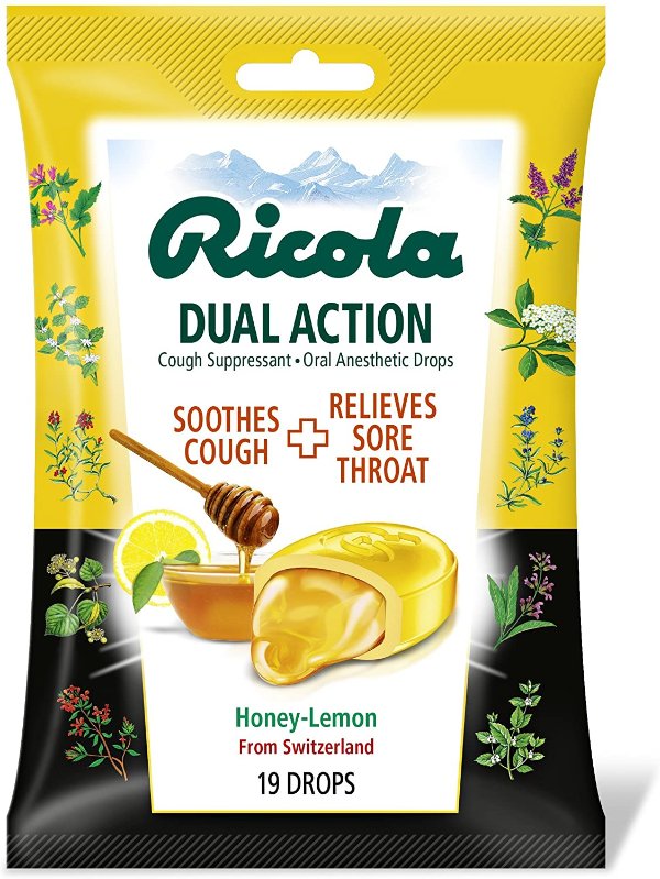 Ricola Dual Action Cough Suppressant & Oral Anesthetic Throat Drops, Honey Lemon, 19 Drops