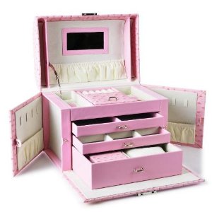 Youngway pink Leather Jewelry Box Lockable Jewel Case with Mirror handle and Storage Drawers