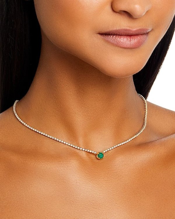 Emerald & Diamond Station Tennis Necklace in 14K Yellow Gold, 16.5"
