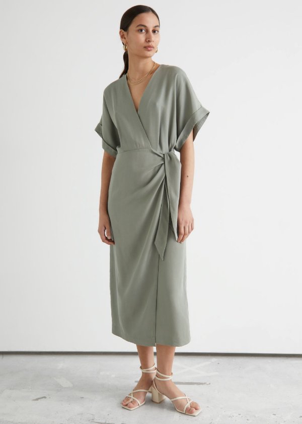 Fold-Up Sleeve Midi Wrap Dress