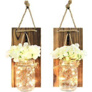 Greenco Hanging Mason Jar with LED Lights and Faux Flowers (2-Pack)