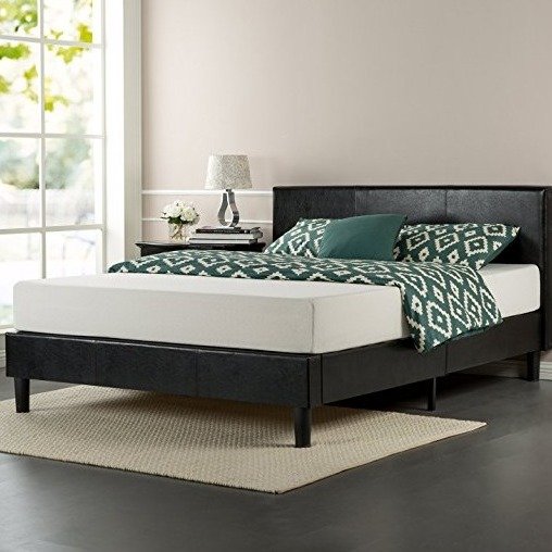 Faux Leather Upholstered Platform Bed with Wooden Slats, Queen