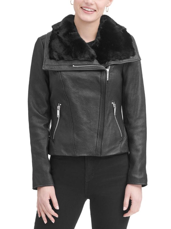 Asymmetrical Zip Leather Moto Jacket w/ Faux-Fur Collar
