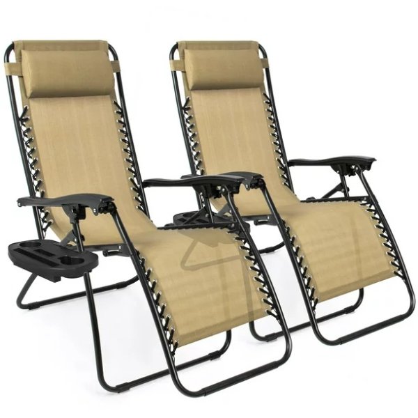 Set of 2 Adjustable Zero Gravity Lounge Chair Recliners for Patio, Pool w/ Cup Holders - Beige