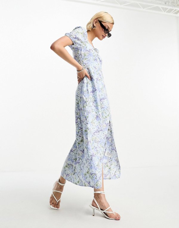 & Other Stories linen puff sleeve midi dress in rosario print