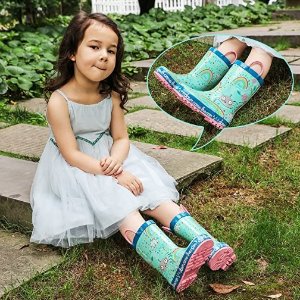 K KomForme Kids Rain Boots, Waterproof Rubber Printed with Handles