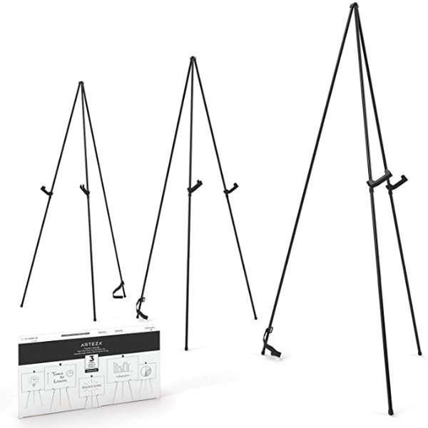 Black Steel Display Easel, 63" Tall, Pack of 3, Portable, Easy Assembly, Sturdy, Ideal for Trade Shows, Presentations, Posters, Art Displays, and Canvases