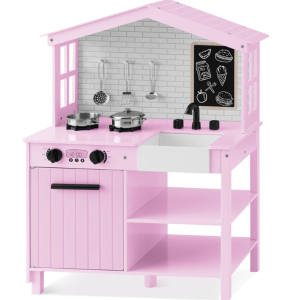 Best Choice Products Kids Farmhouse Play Kitchen w/ Chalkboard, Storage Shelves, 5 Accessories