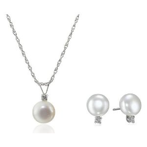 Sterling Silver Button Pearl and White Topaz Two-Piece Pendant Necklace and Earrings Set