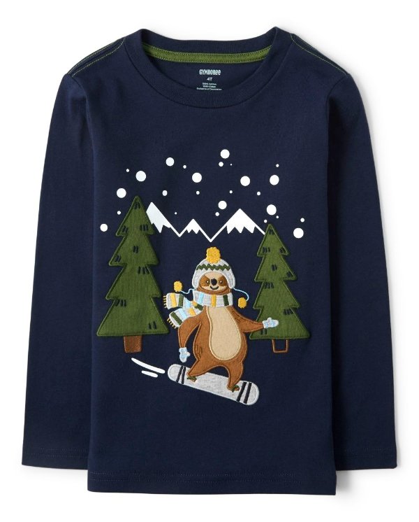 Boys Long Sleeve Embroidered Snowboarding Sloth Top - Aspen Lodge