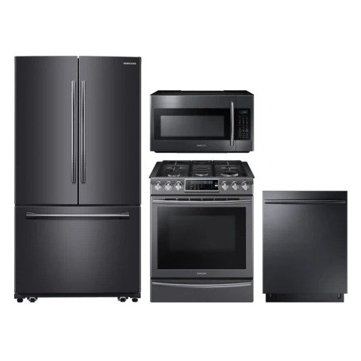 Samsung SARERADWMW2980 4 Piece Kitchen Appliances Package with French Door Refrigerator, Gas Range, Dishwasher and Over the Range Microwave in Black Stainless Steel