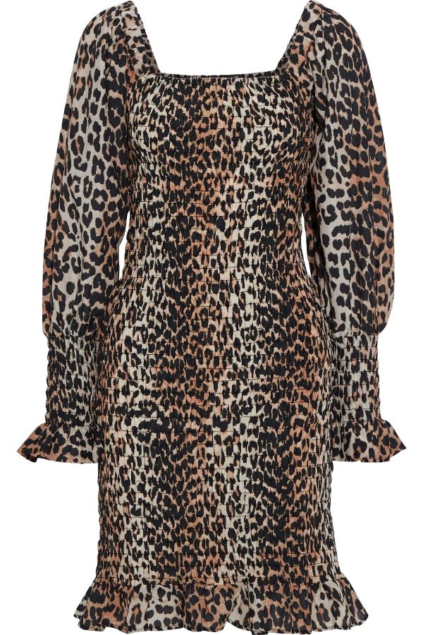 Shirred leopard-print cotton and silk-blend mini dress