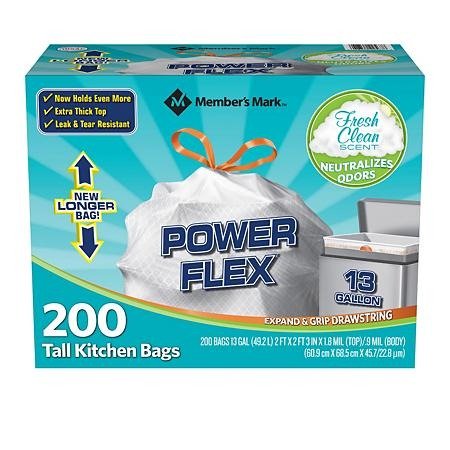 Power Flex Tall Kitchen Drawstring Trash Bags (13 Gallon, 2 Rolls of 100 ct., 200 count total) - Sam's Club