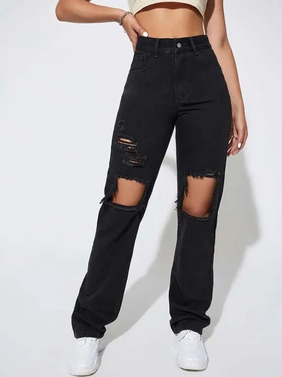 Shredded Distressed Cutout High Waisted Straight Jeans BLACK