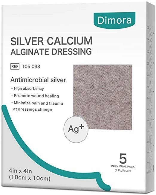 Ag Silver Calcium Alginate Wound Dressing Pads, 4'' x 4'' Patches, 5 Individual Pack, Highly Absorbent Dressing, Non-Stick Sterile Gauze