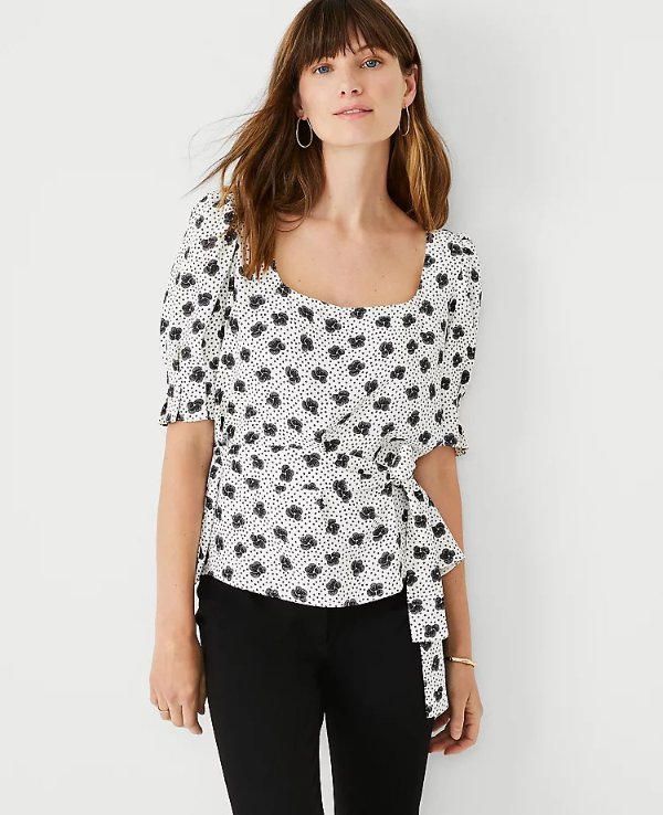 Floral Mixed Media Belted Square Neck Top | Ann Taylor