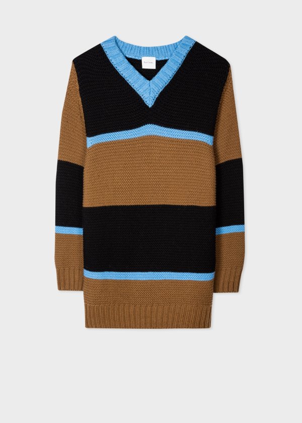 Women's Brown And Blue Stripe Oversized V-Neck Sweater