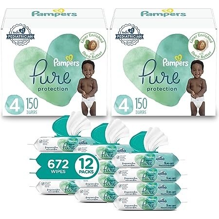 Pure Protection Disposable Baby Diapers Starter Kit (2 Month Supply), Sizes 1 (198 Count) & 2 (186 Count) with Aqua Pure Sensitive Baby Wipes, 12X Pop-Top Packs (672 Count)