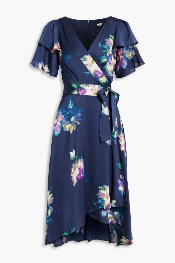Wrap-effect pleated floral-print satin-crepe dress