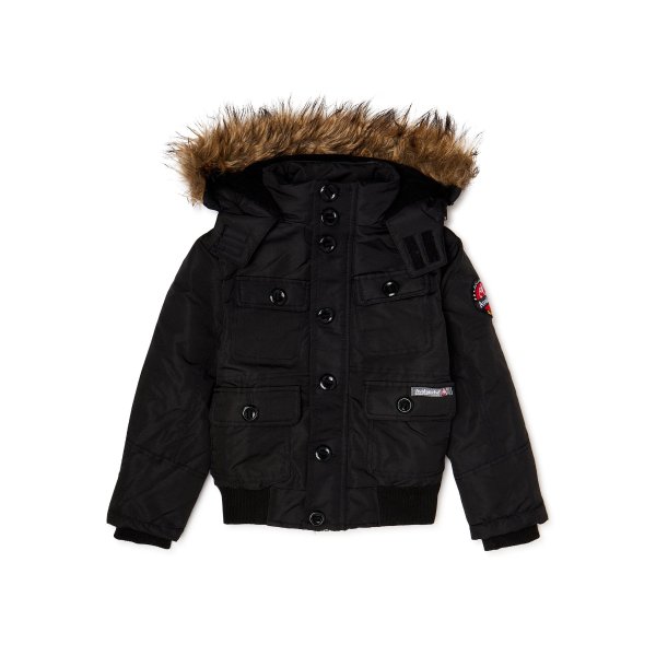 Boys Water Resistant Coated Coat with Faux Fur Detachable Hood, Sizes 4-18