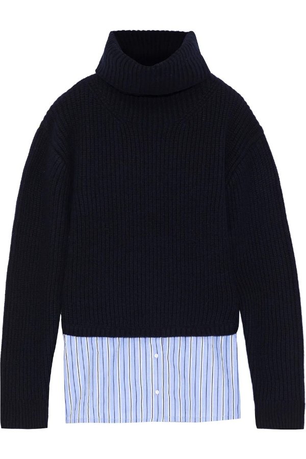Layered striped poplin and ribbed wool-blend turtleneck sweater