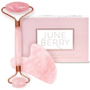 June Berry Jade Roller for Face - Rose Quartz Face Roller and Gua Sha Set