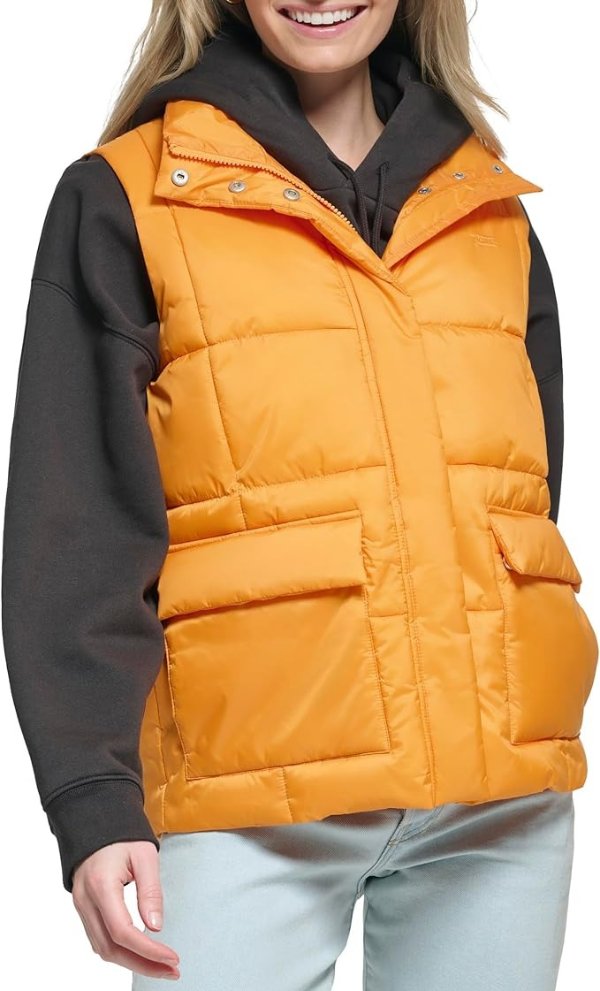 Women's Sporty Box Quilted Puffer Vest, Lightweight Apricot, Large