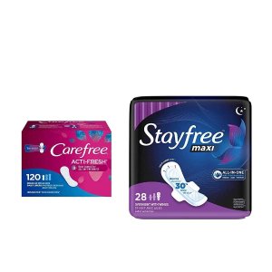 Carefree Acti-Fresh Panty Liners, Regular, 120 Count with Stayfree Maxi Overnight Pads with Wings for Women, 28 Count