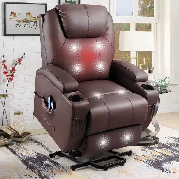 Big and Tall Black Power Lift Recliner Chair for Elderly with Massage and Heat, Side Pockets and Cup Holders