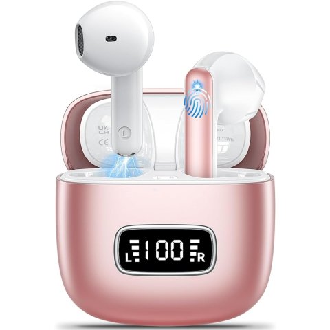 Godyse Wireless Earbuds,Wireless Headphones Bluetooth 5.3 with 4 Mic HD Calling 2024 wireless earphones in Ear HiFi Stereo 42H Playtime Dual LED Display Touch Control IP6 Waterproof Bluetooth Earphones Pink