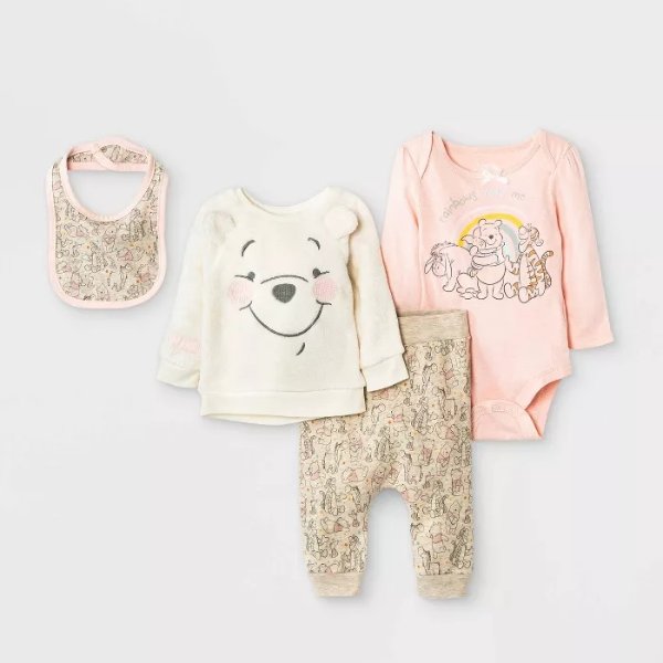 Baby Girls' 4pc Winnie the Pooh Fleece Pullover and Jogger Set - Beige