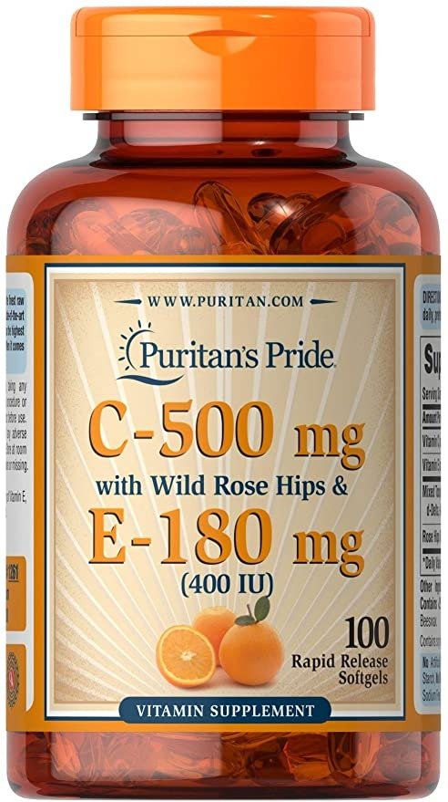 Vitmain C 500 mg & E 180 mg with Rose Hips for Immune & Antioxidant Support by Puritan's Pride for Healthy Skin and Immune System Support 100 Softgels