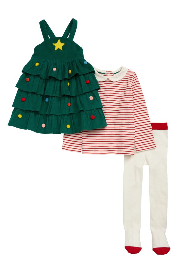 Christmas Tree Pinafore Dress, Stripe Tee & Tights Set