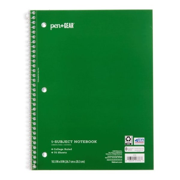 1-Subject Notebook, College Ruled, Green, 70 Sheets