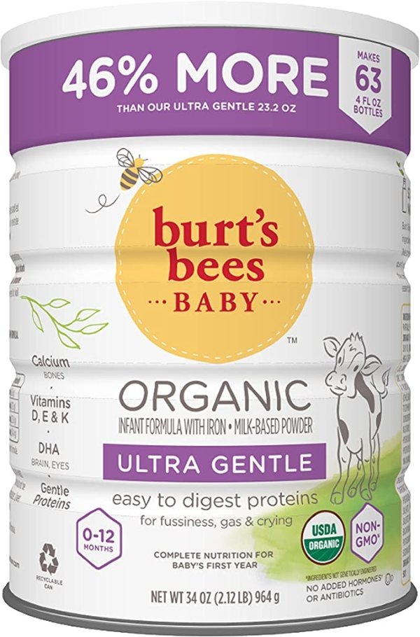Organic Baby Formula, Ultra Gentle Formula, Easy to Digest, Infant Formula with Iron, Milk-Based Powder with Vitamin D, Vitamin E, Vitamin K, DHA, Calcium, 34 Ounce