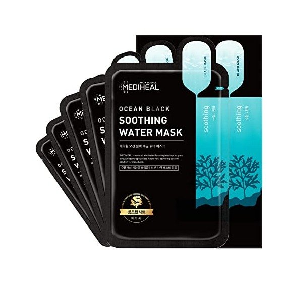 Soothing Facial Sheet Mask – Tea Tree, Cica Extract, Glacier Water – Redness Relief Irritated Skin – Water Essence Formula – Black Charcoal Sheet - Ocean Black Soothing Water Mask 5 Sheets