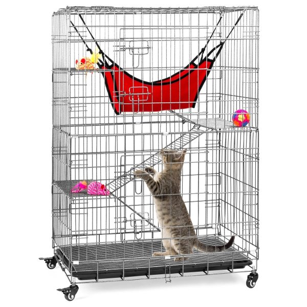 30x19x43in 4-Tier Cat Cage Playpen Crate w/ Hammock, Wheels, Shelves