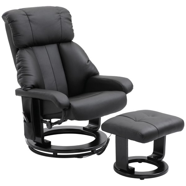 HOMCOM PU Leather Swivel Heated Massage Chair Recliner and Ottoman with Bentwood Base - Black, Massage Furniture | Aosom