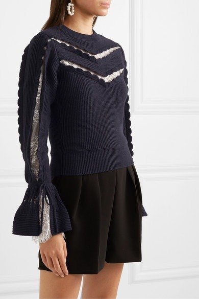 Lace-trimmed ruffled cotton and wool-blend sweater