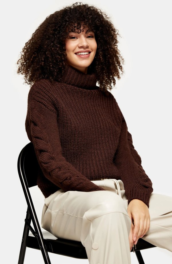 Cable Knit Sleeve Turtleneck Sweater