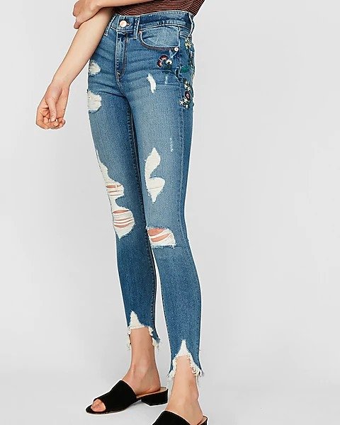 Mid Rise Floral Embroidered Ankle Jean Leggings